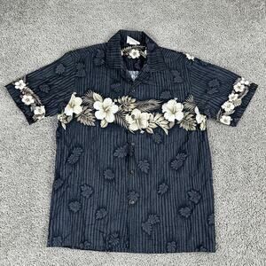 Winnie Fashion Aloha Shirt Mens Medium Black Hibiscus Hawaiian Made in Hawaii